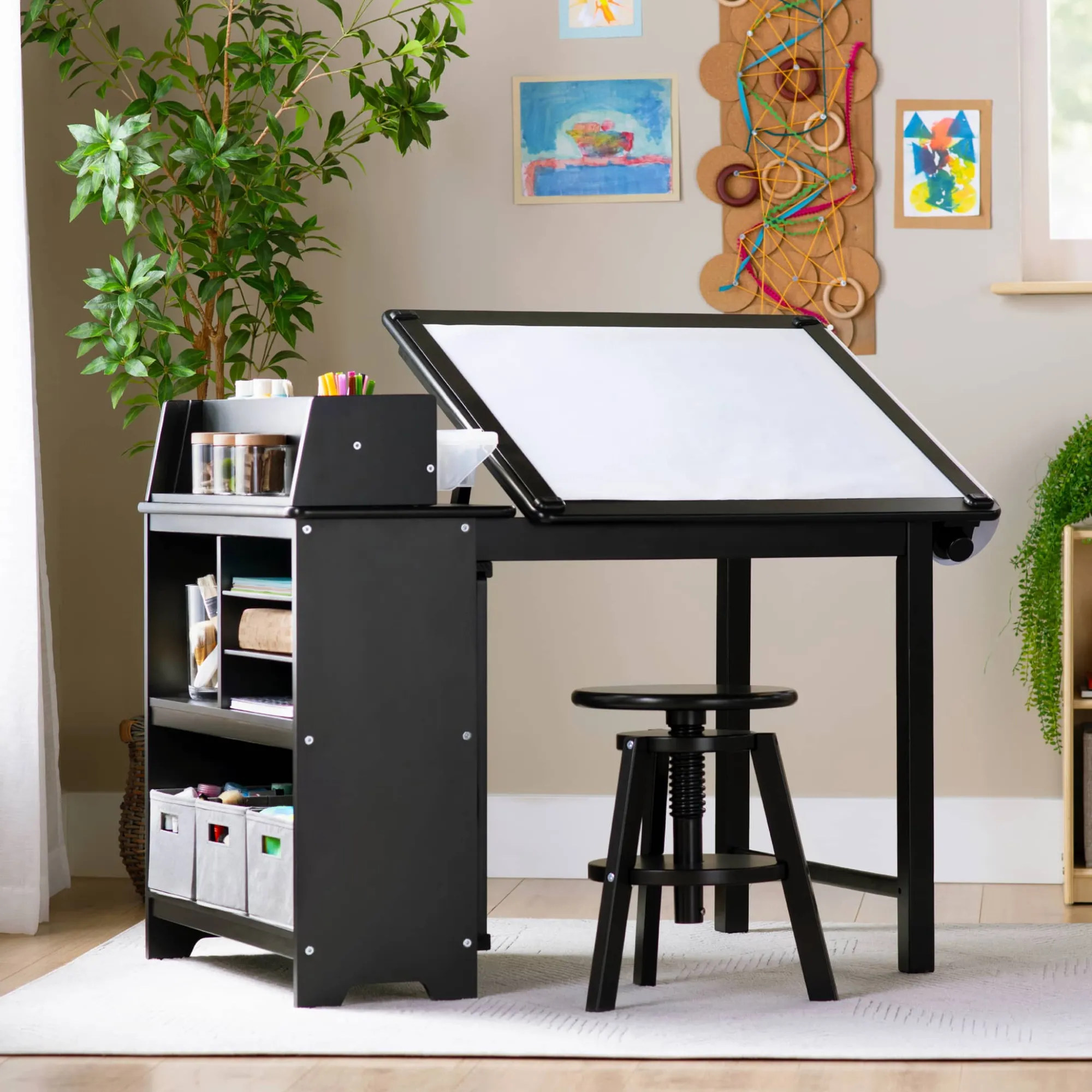 Guidecraft Design Studio - 3 in 1 Art Table, Drafting Table, Easel, and Stool*Kids Art Storage And Crafting Equipment|Kids' Art Tables