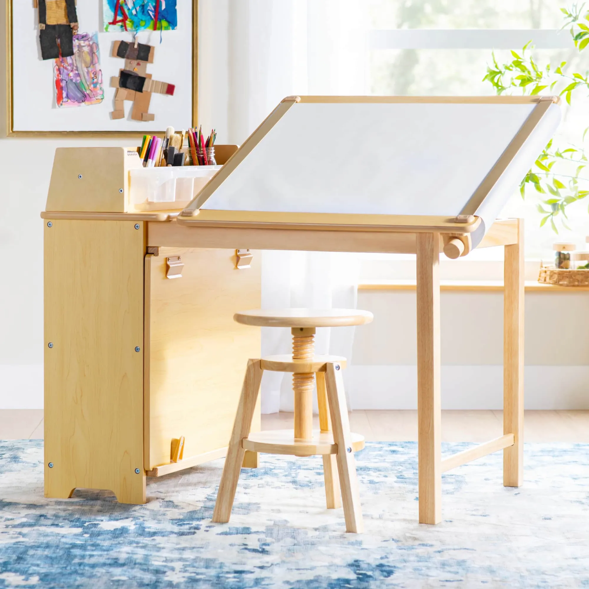 Guidecraft Design Studio - 3 in 1 Art Table, Drafting Table, Easel, and Stool*Kids Art Storage And Crafting Equipment|Kids' Art Tables
