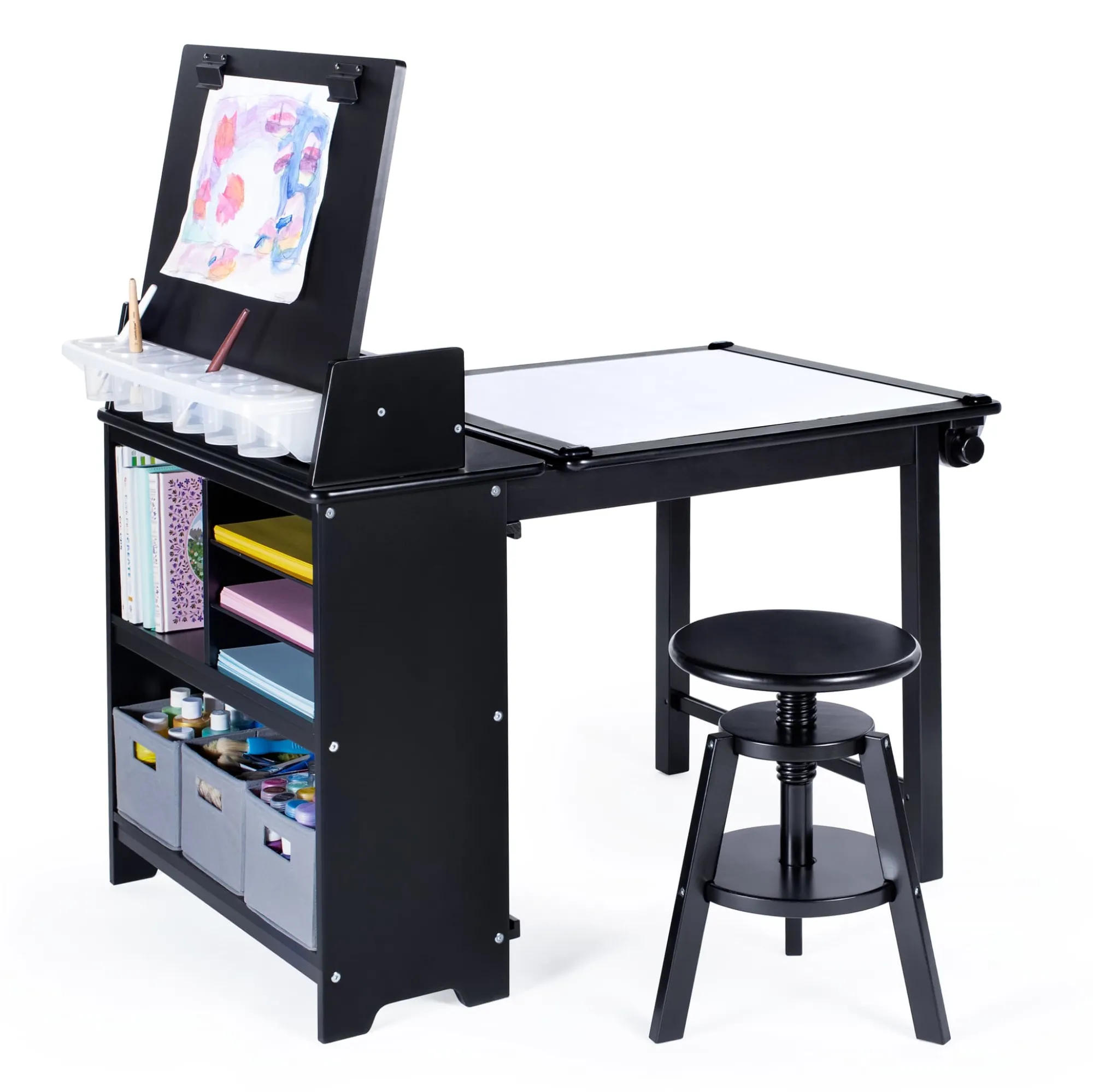 Guidecraft Design Studio - 3 in 1 Art Table, Drafting Table, Easel, and Stool*Kids Art Storage And Crafting Equipment|Kids' Art Tables
