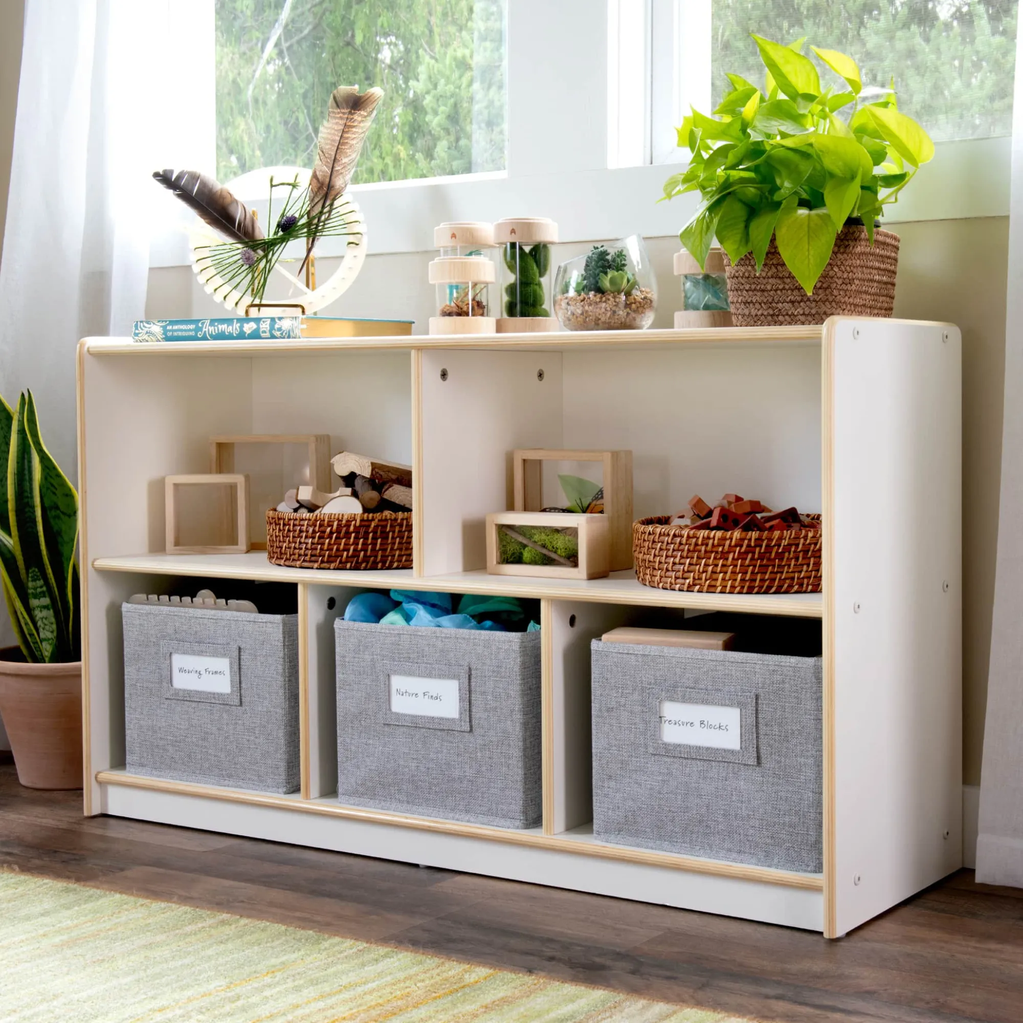 Guidecraft EdQ 2-Shelf 5-Compartment Storage with Bins - 24"*Kids Classroom Furniture|Toy Storage Organization