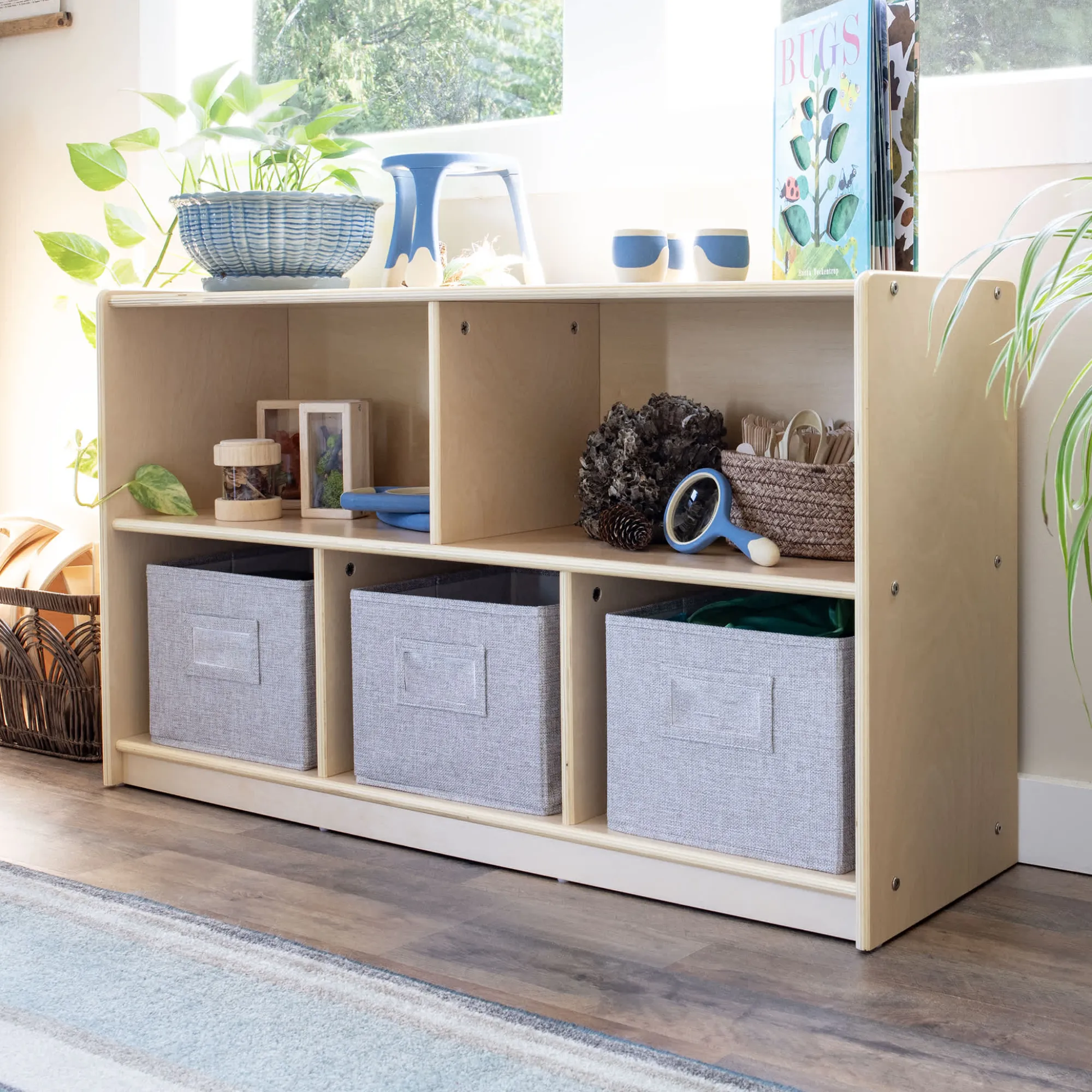 Guidecraft EdQ 2-Shelf 5-Compartment Storage with Bins - 24"*Kids Classroom Furniture|Toy Storage Organization