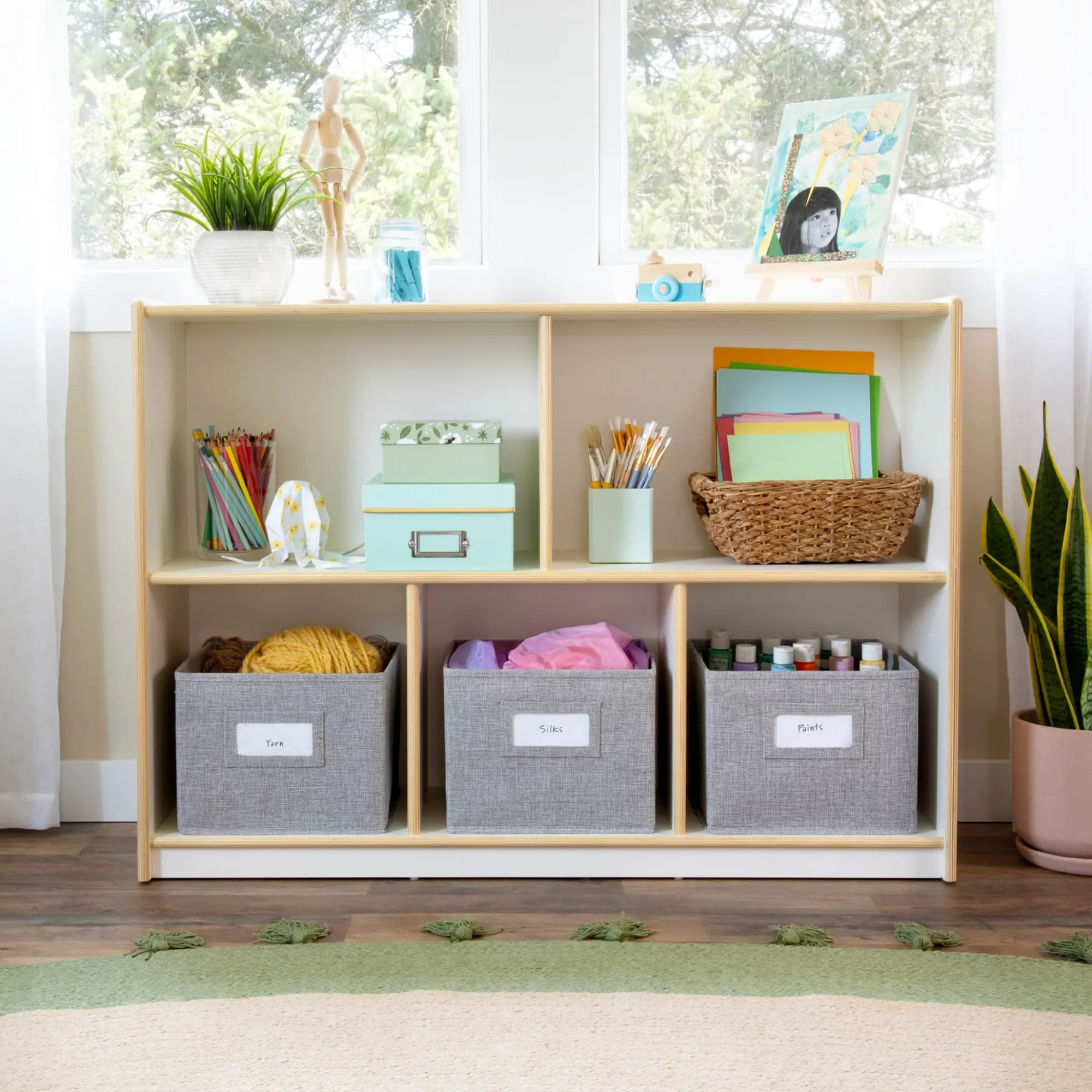Guidecraft EdQ 2-Shelf 5-Compartment Storage with Bins - 30"*Kids Classroom Furniture|Toy Storage Organization