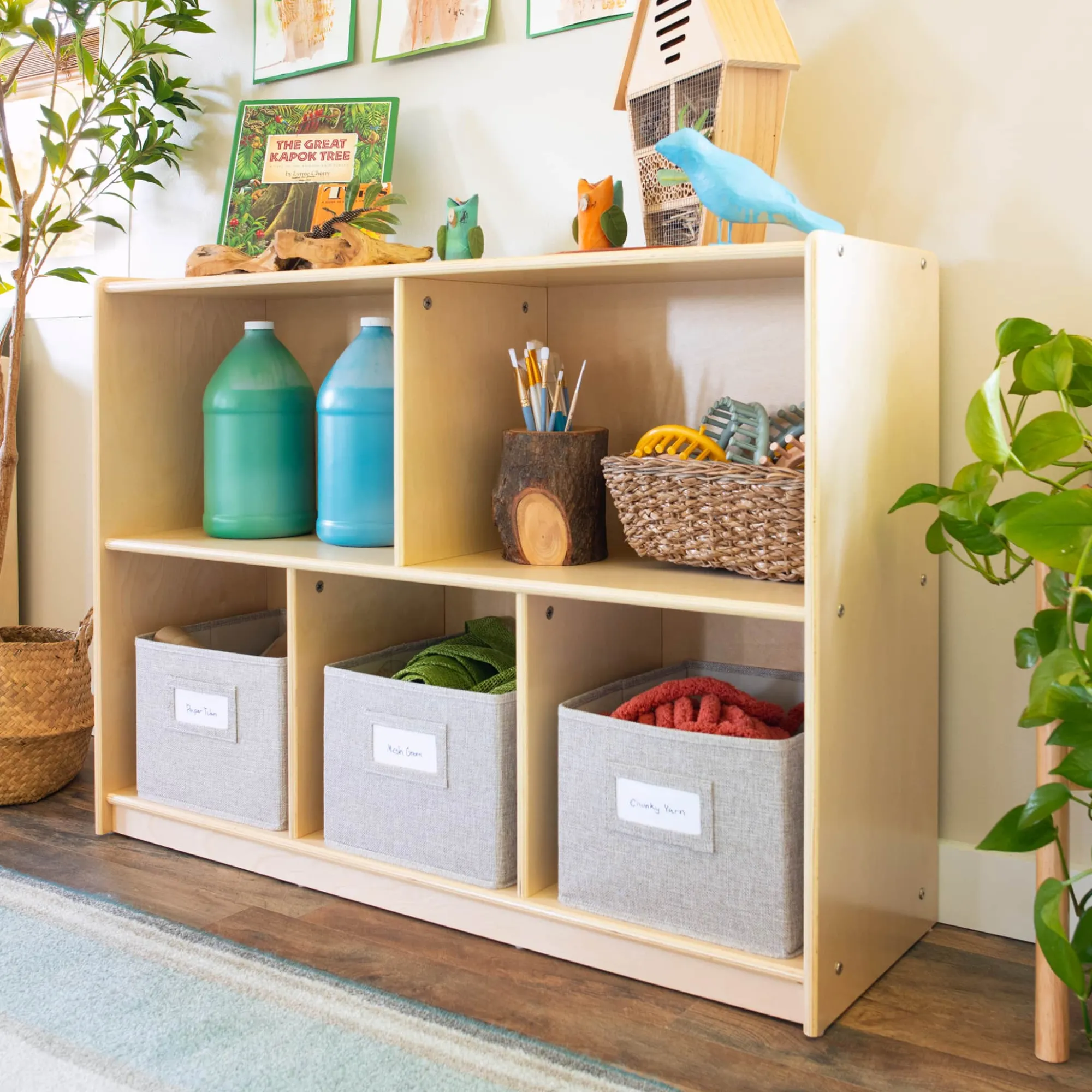 Guidecraft EdQ 2-Shelf 5-Compartment Storage with Bins - 30"*Kids Classroom Furniture|Toy Storage Organization