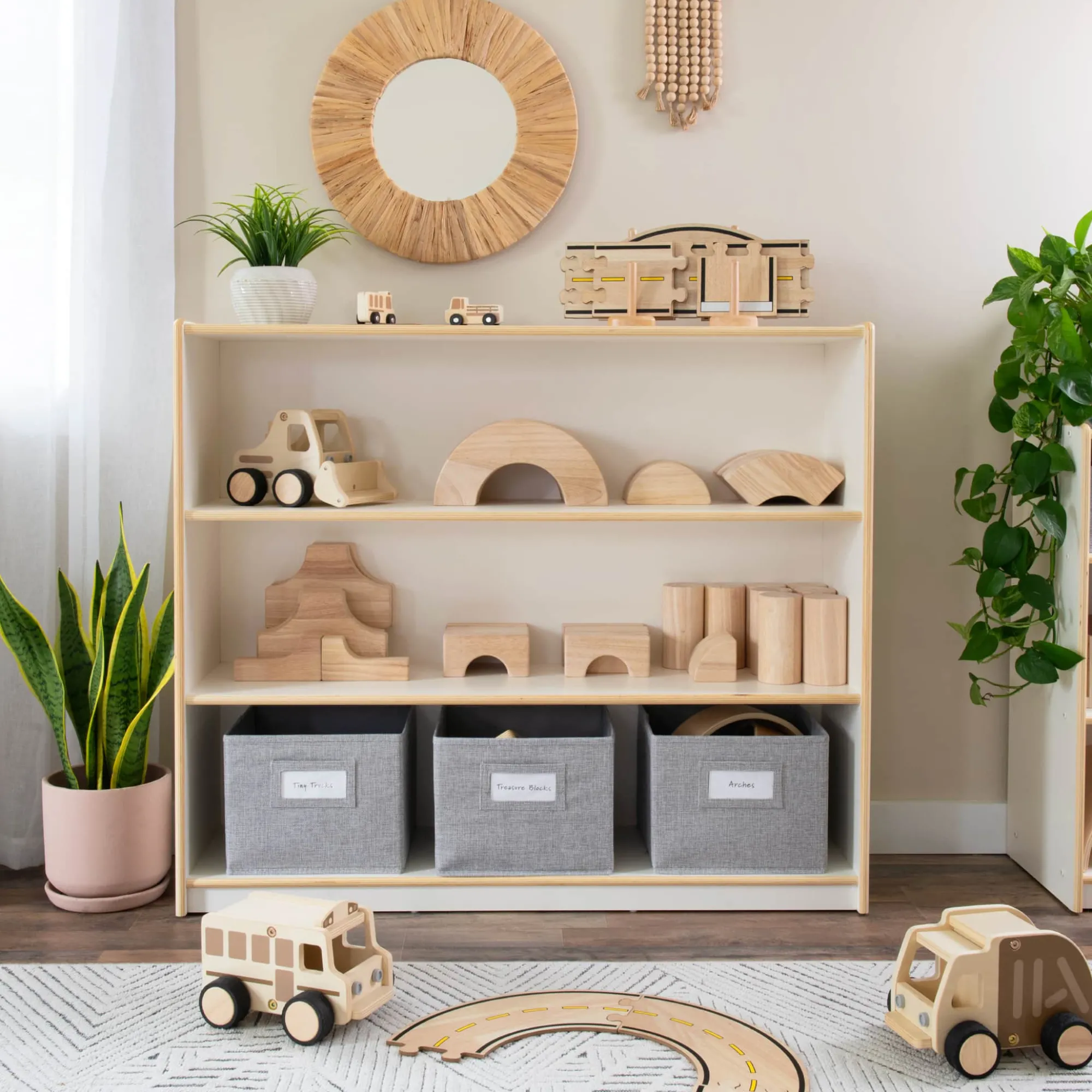 Guidecraft EdQ 3-Shelf Open Storage with Bins - 36"*Kids Classroom Furniture|Toy Storage Organization