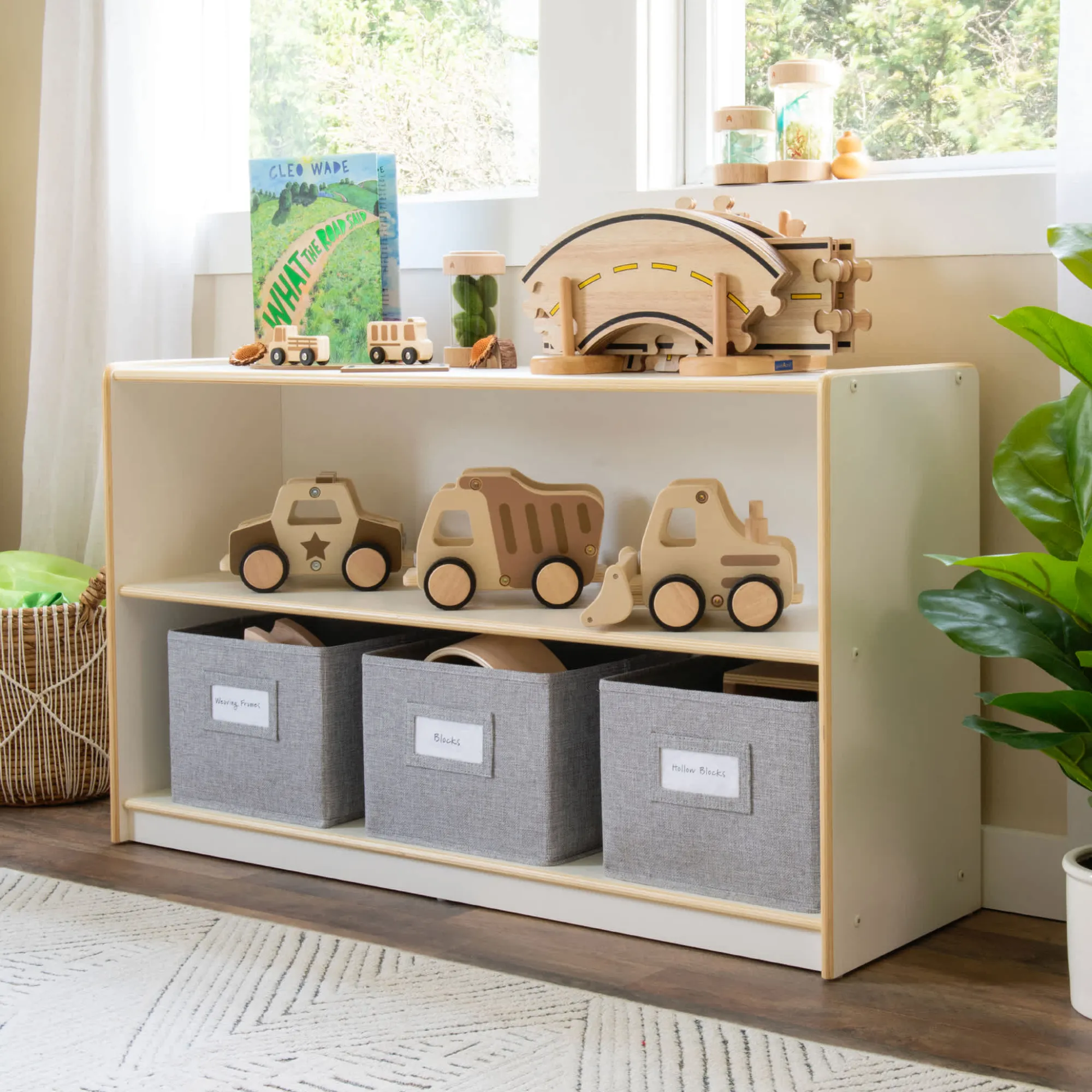 Guidecraft EdQ 2-Shelf Open Storage with Bins - 24"*Kids Classroom Furniture|Toy Storage Organization