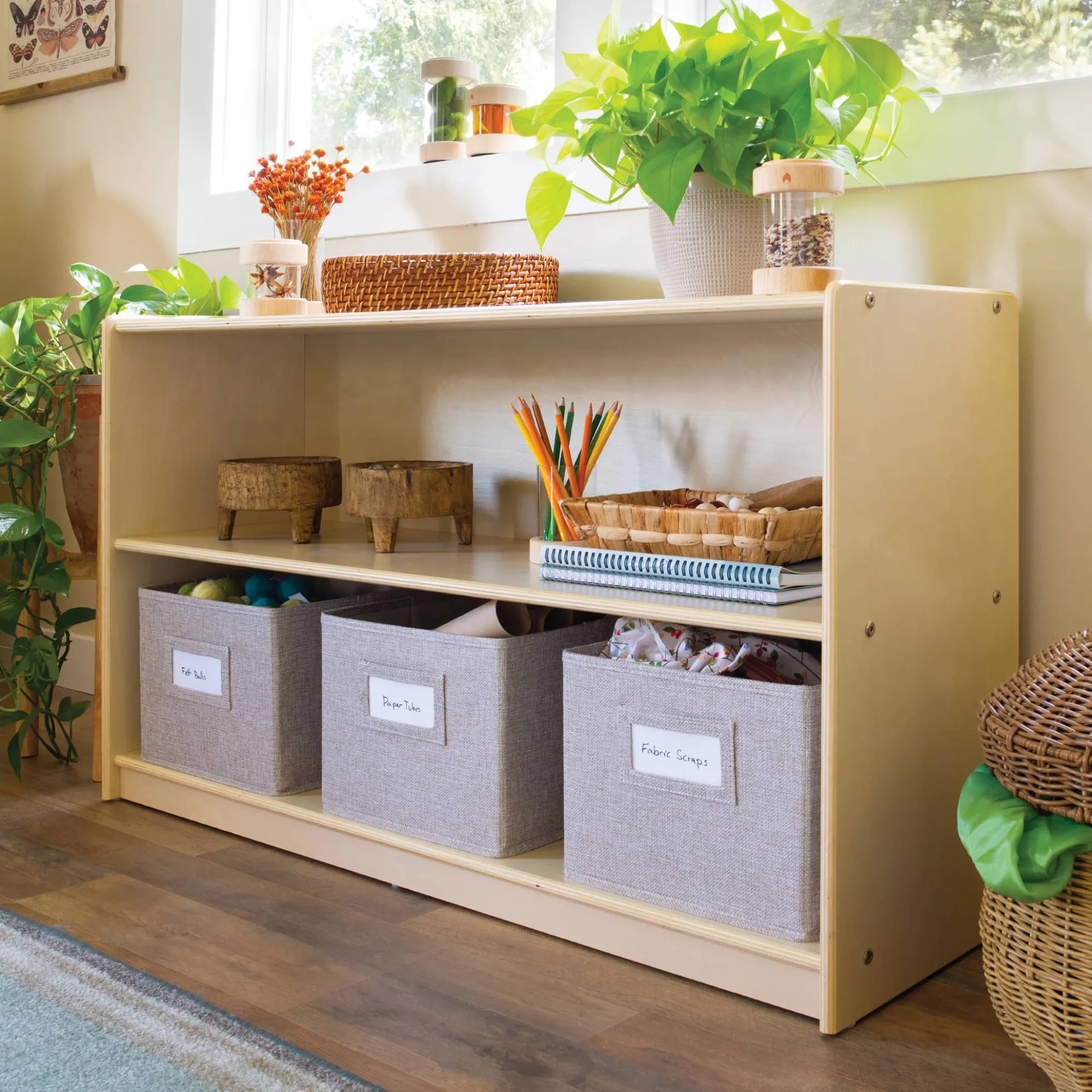 Guidecraft EdQ 2-Shelf Open Storage with Bins - 24"*Kids Classroom Furniture|Toy Storage Organization
