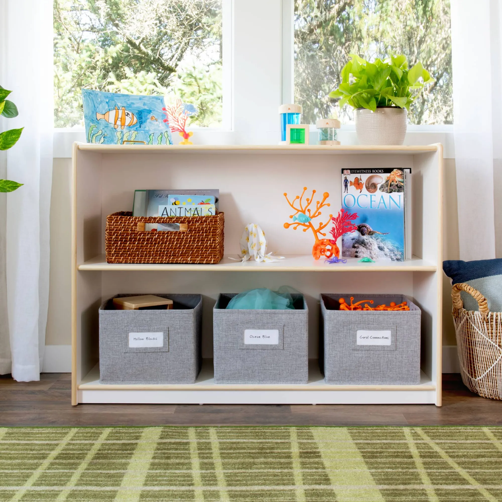 Guidecraft EdQ 2-Shelf Open Storage with Bins - 30"*Kids Classroom Furniture|Toy Storage Organization